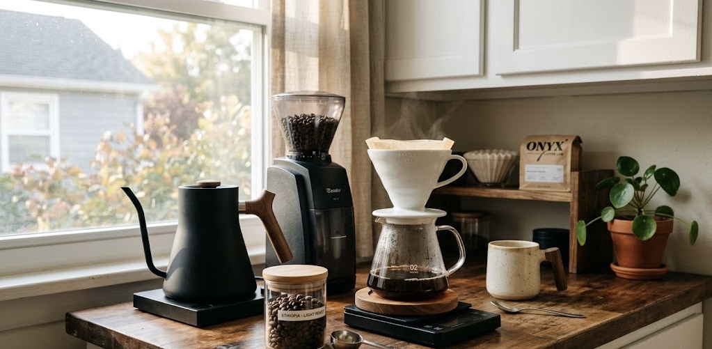 home coffee brewing setup with grinder, kettle v60 dripper, and Aeropress