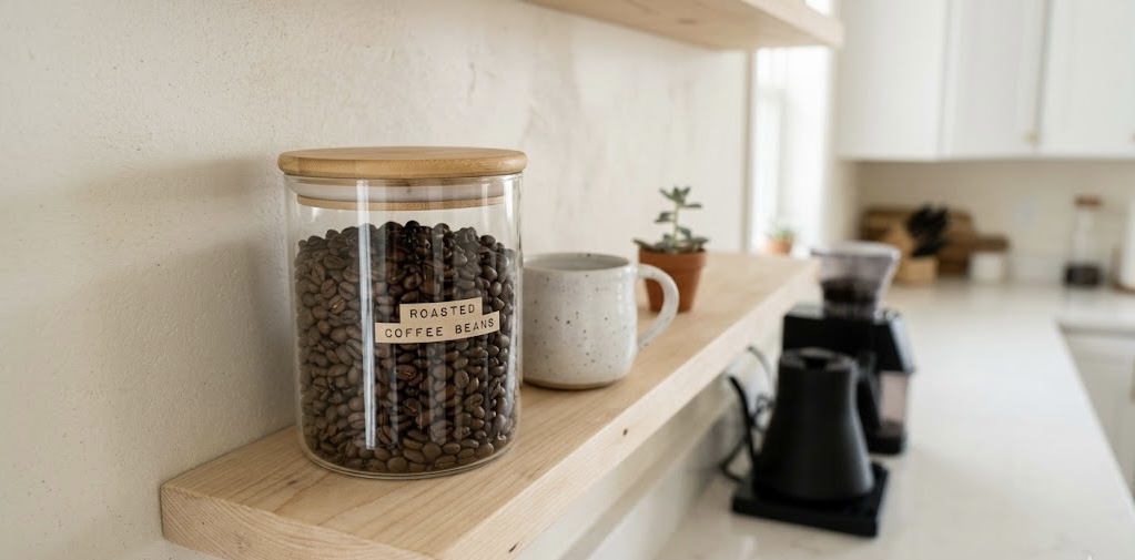 Airtight container storing coffee beans in a kitchen cabinet.