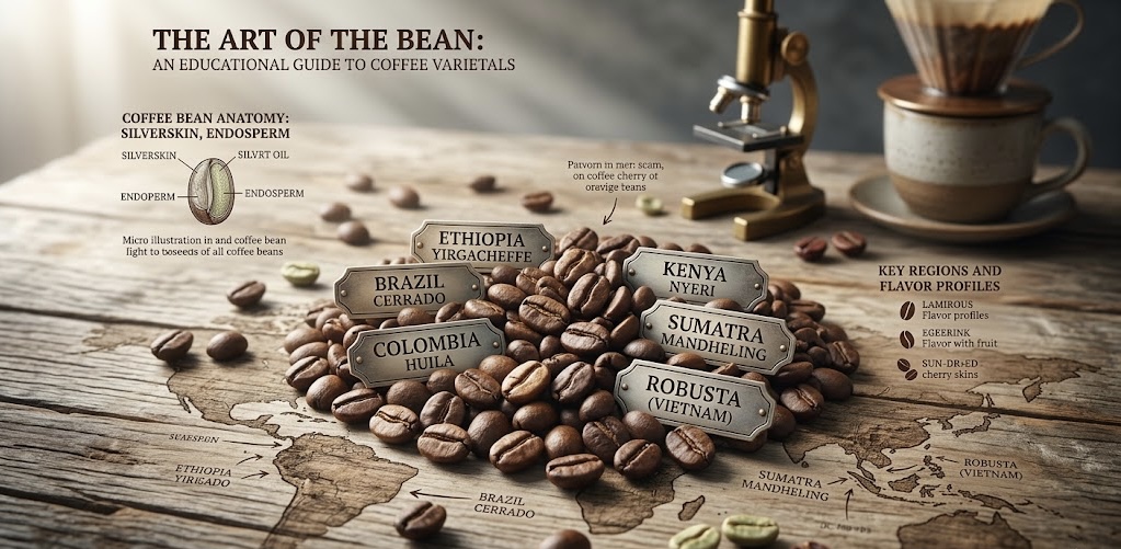 Person selecting coffee beans from different jars labeled light, medium, and dark roast.