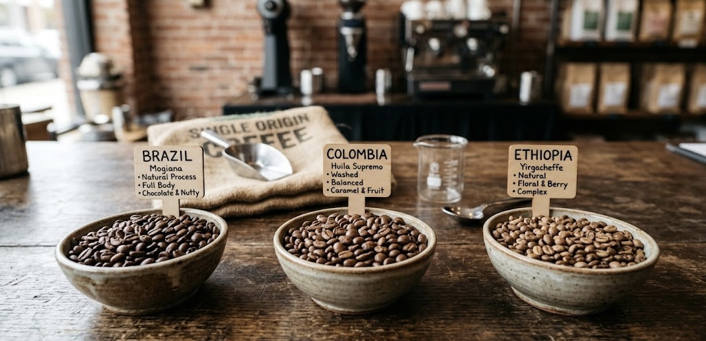 coffee beans from Colombia, Ethiopia ,and Brazil varieties