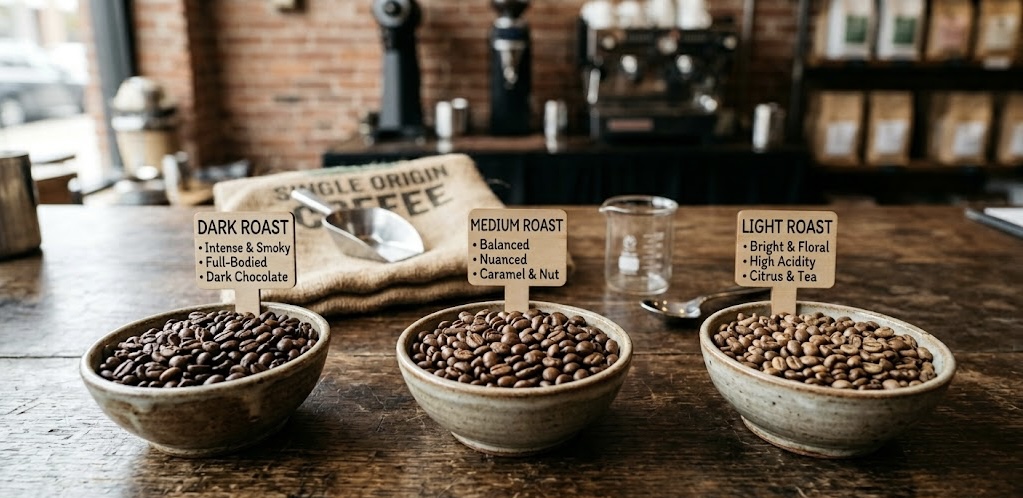 Three coffee beans showing light roast, medium roast, and dark roast side by side.