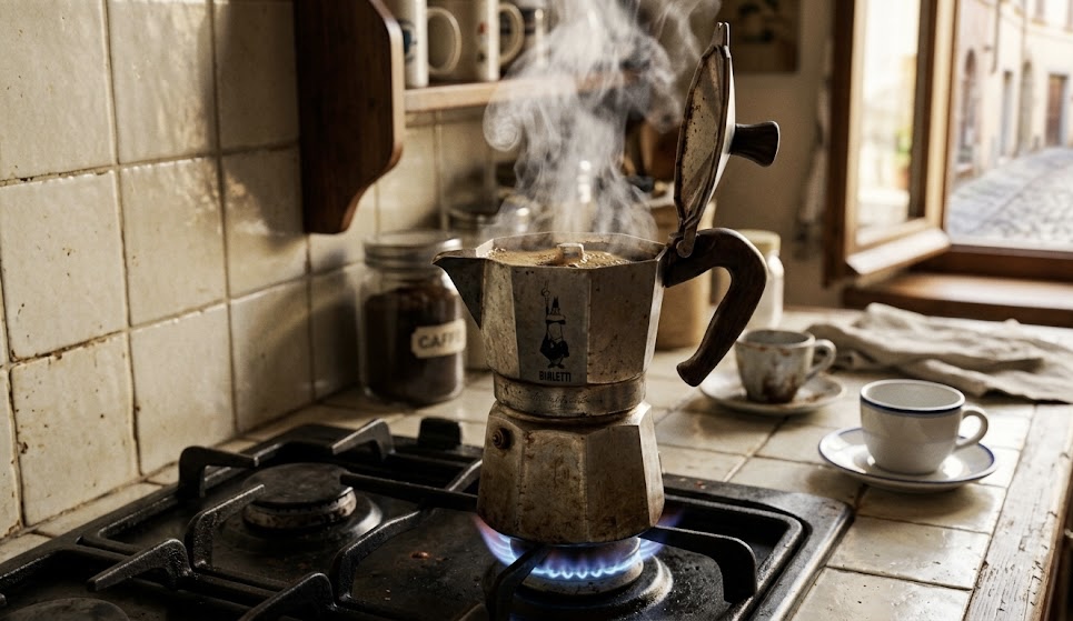 Moka pot coffee brewing method on stovetop