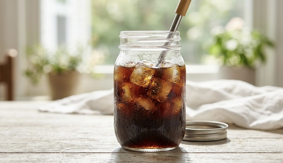 Cold brew coffee steeping in glass jar with ice