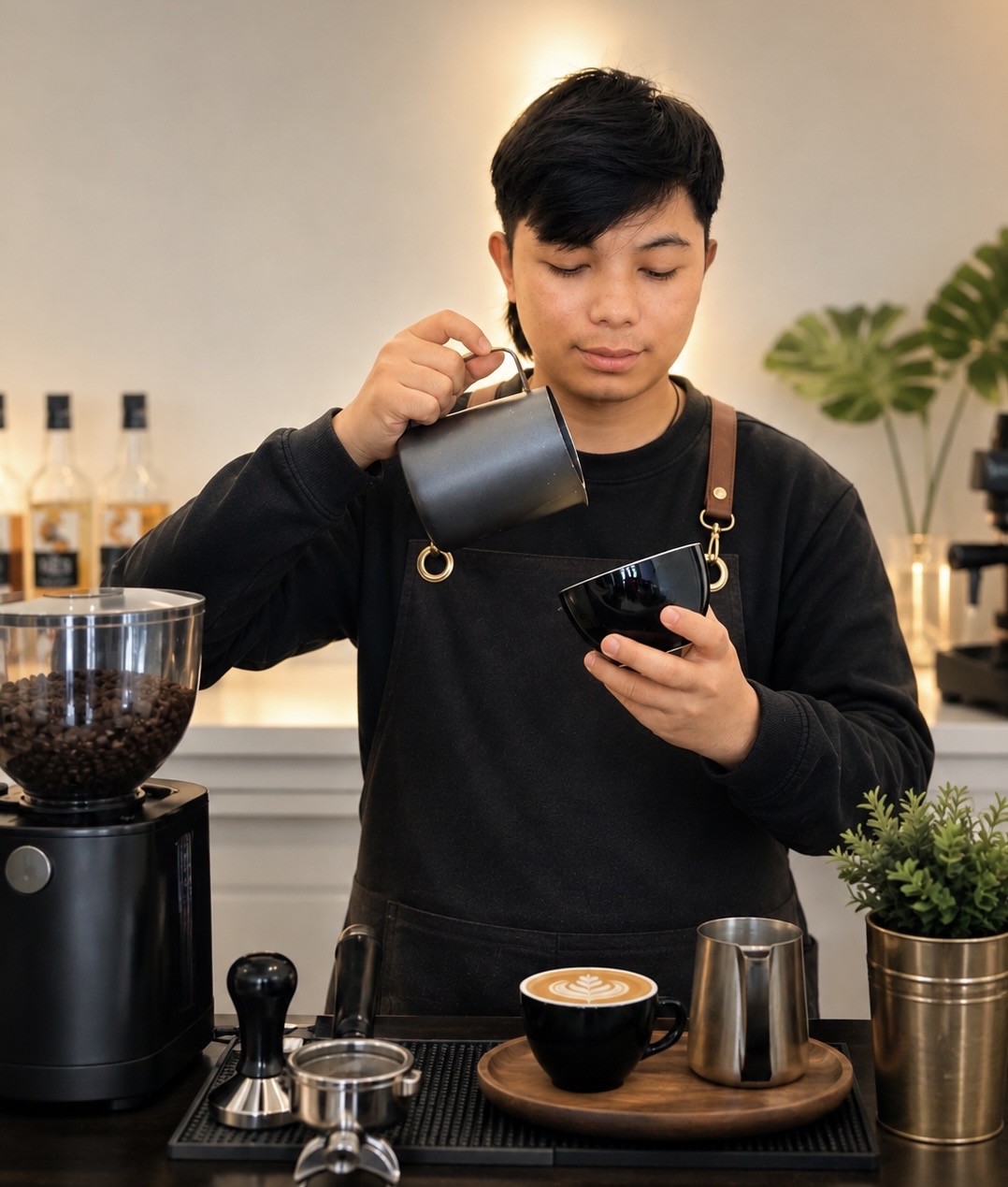 "barista creating latte art in a coffee cup"