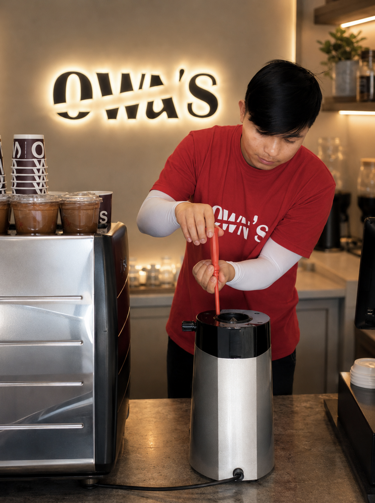 barista rhydam operating coffee grinder in caffe