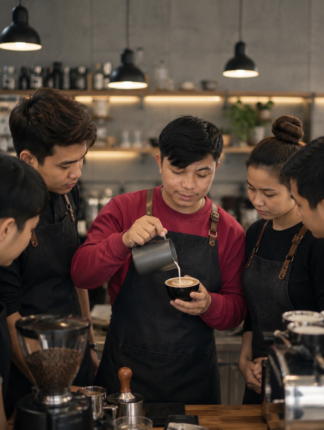 "An experienced barista teaches a junior barista how to prepare coffee behind the café counter."