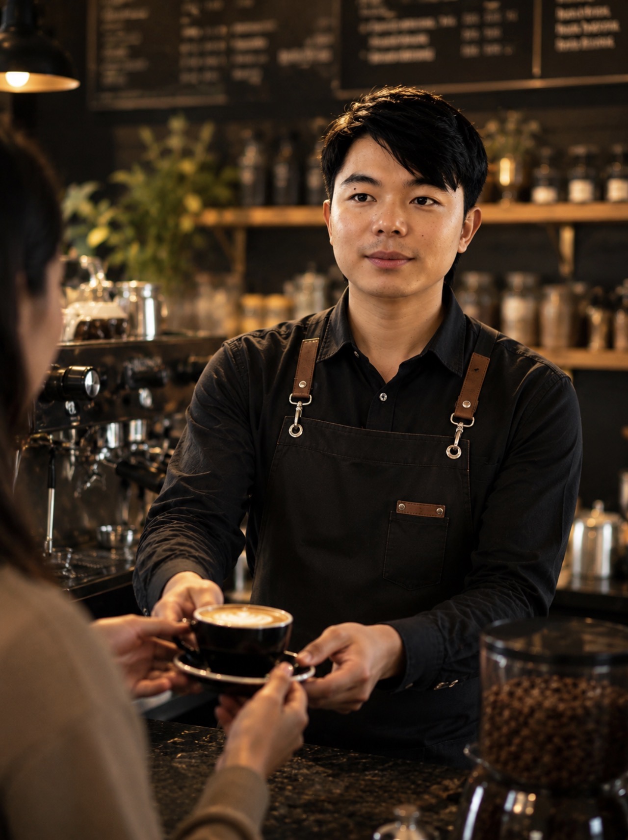 Friendly barista serving coffee and creating meaningful customer connections.