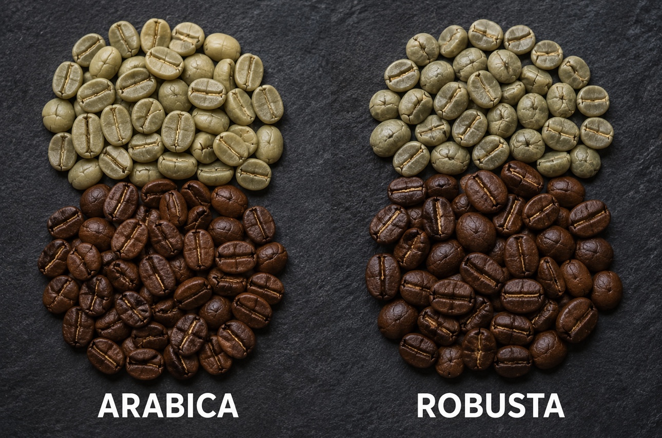 Arabic coffee beans and Robusta coffee beans shown side by side, highlighting differences in appearance, roast, and flavor.