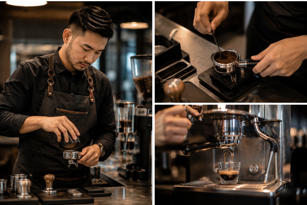 Barista making coffee behind a café counter, highlighting the skills and daily work involved in being a barista.