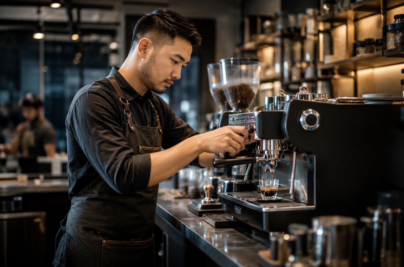 Barista preparing a freshly brewed espresso at a café c