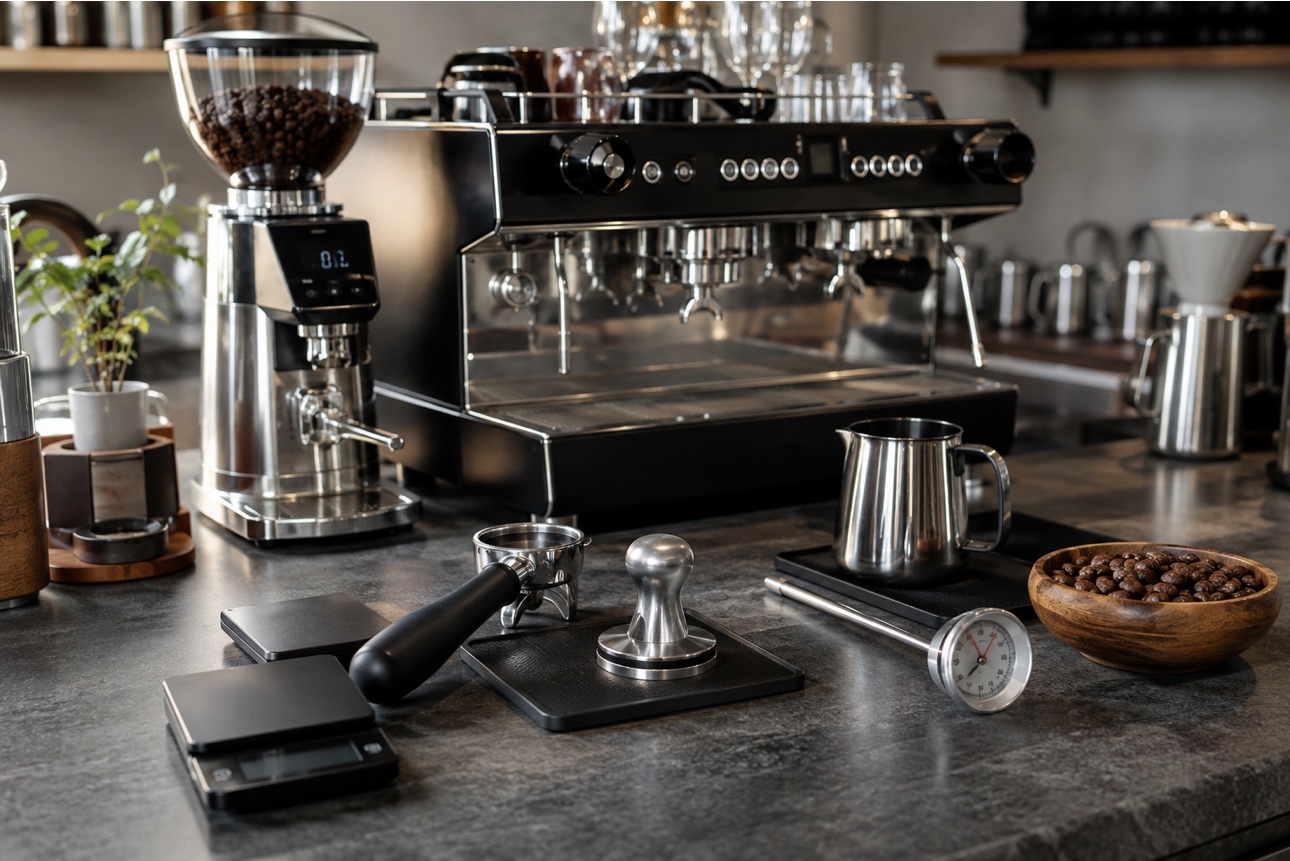 Beginner barista essentials, including an espresso machine, coffee grinder, fresh beans, tamper, scale, and milk pitcher arranged on a café counter.