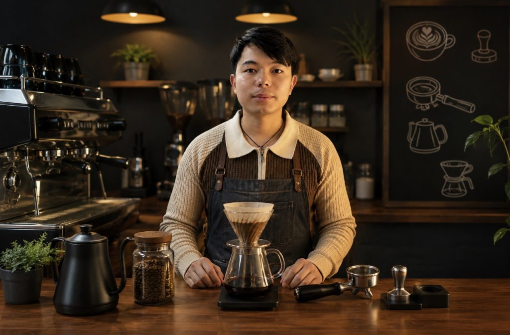 beginner barista learning professional coffee skills step by step in a modern coffee shop