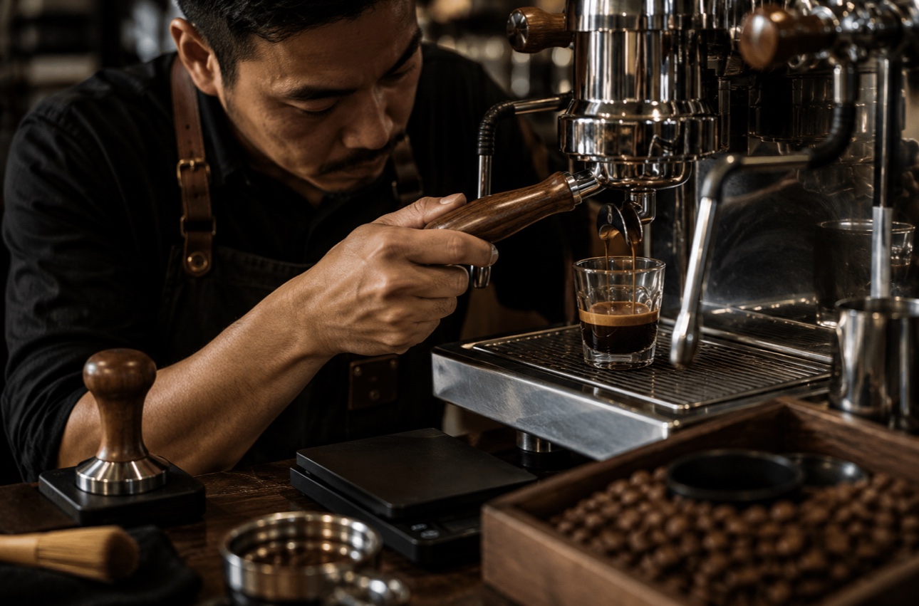 Barista preparing a fresh espresso shot using an espresso machine