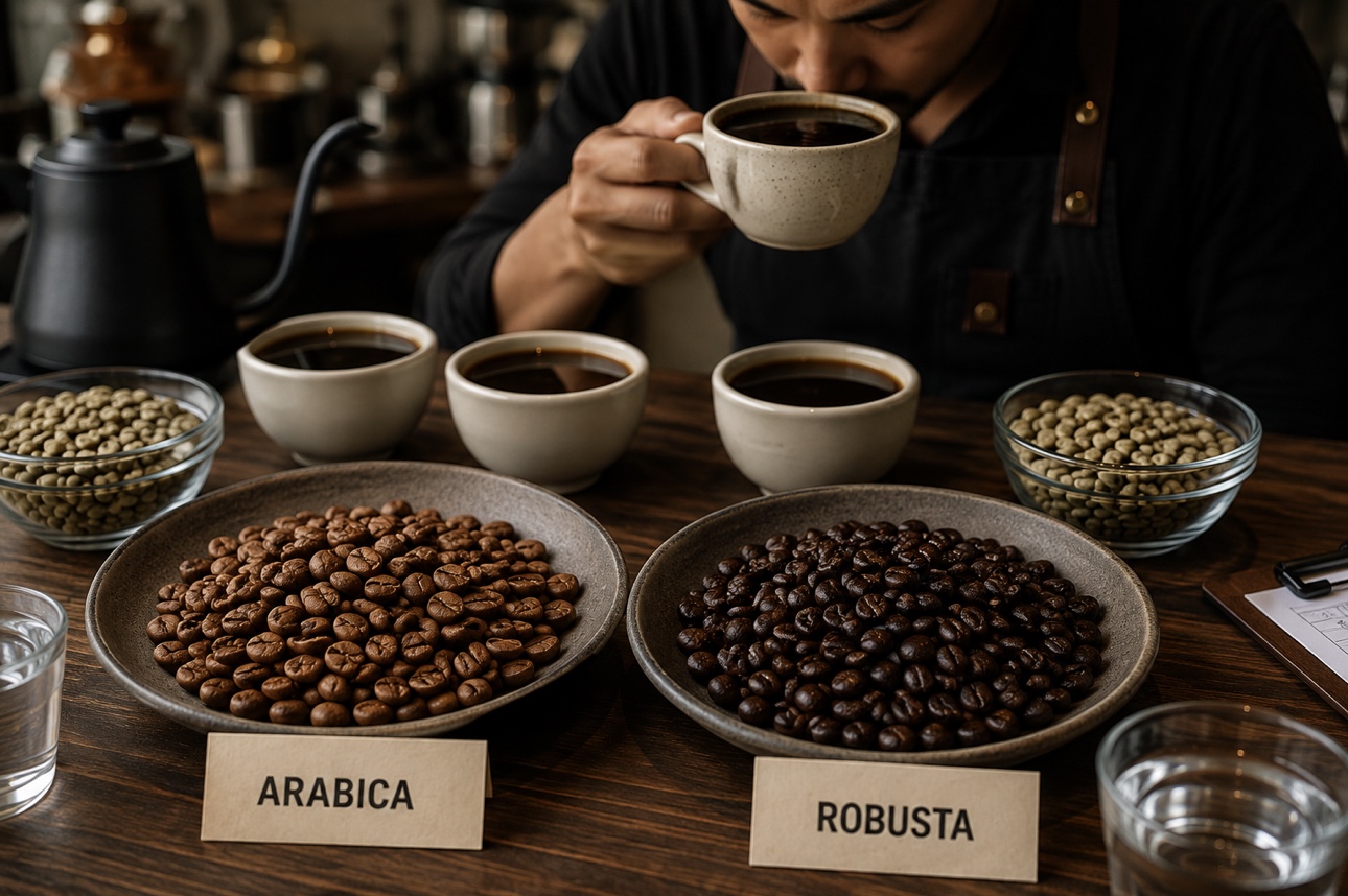 Barista learning how to taste coffee and identify its aroma, acidity, body, sweetness, and flavor notes.