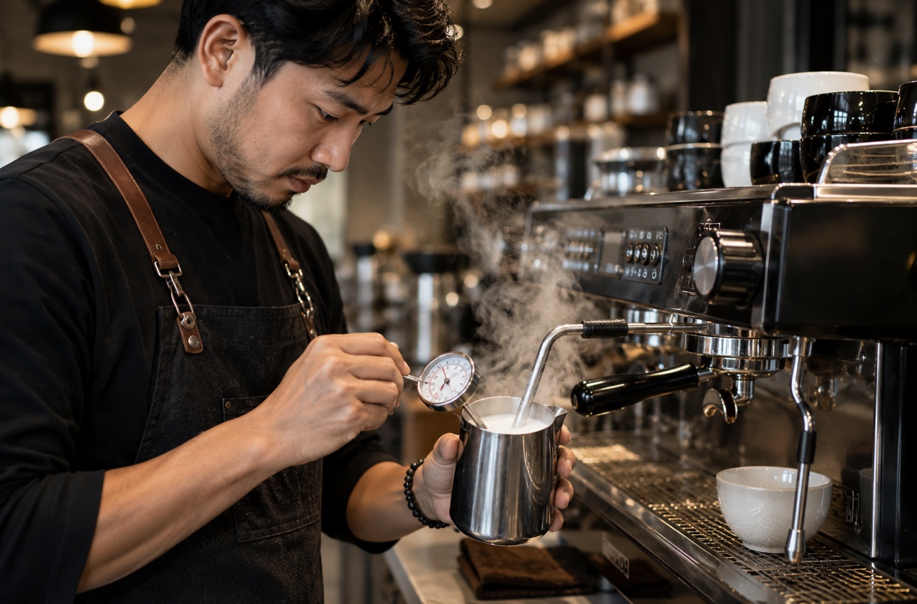 Barista measuring and controlling coffee brewing temperature to achieve balanced extraction and consistent flavor.