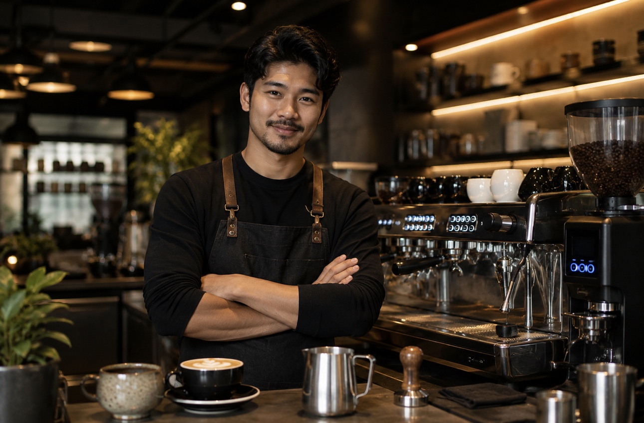 Confident professional barista standing behind a clean, organized espresso bar.