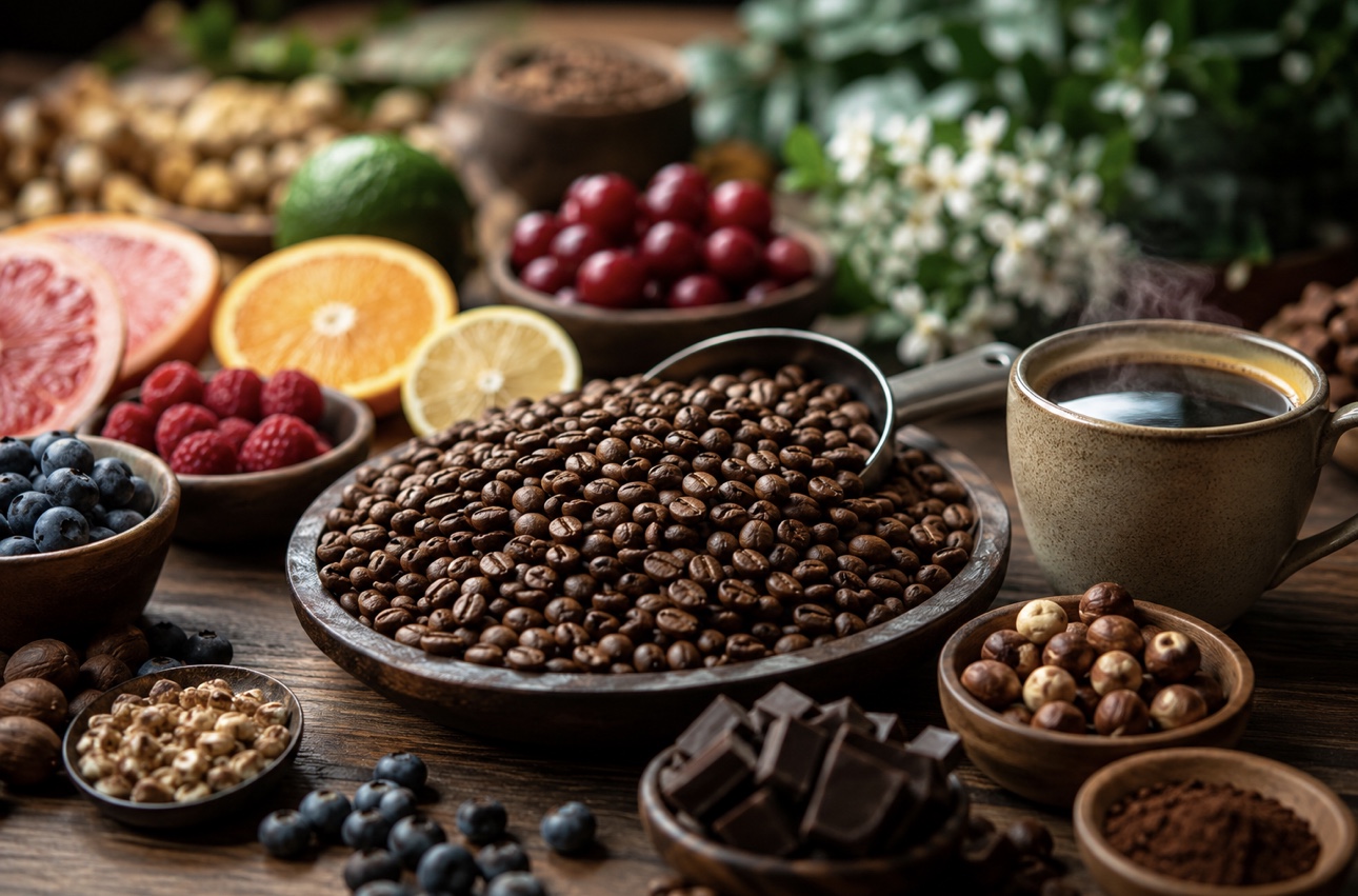 Coffee beans displayed with flavor notes, helping beginners understand how beans influence coffee taste
