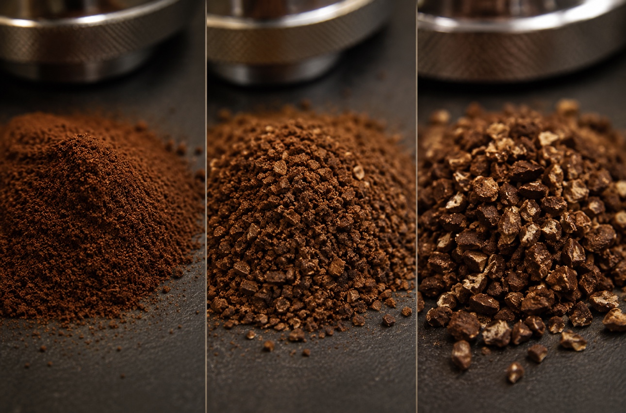 Different coffee grind sizes, from coarse to fine, showing how grind size affects espresso extraction and coffee flavor.