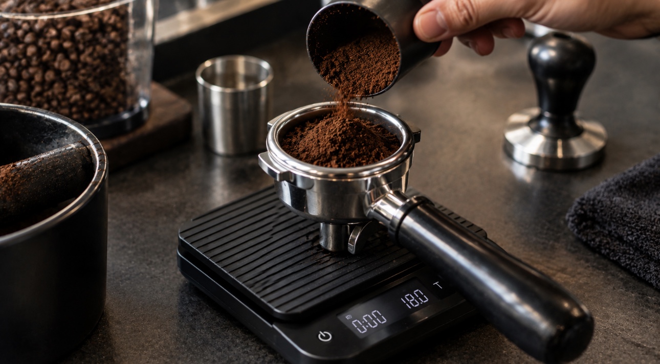 Ground espresso coffee being precisely measured in a portafilter