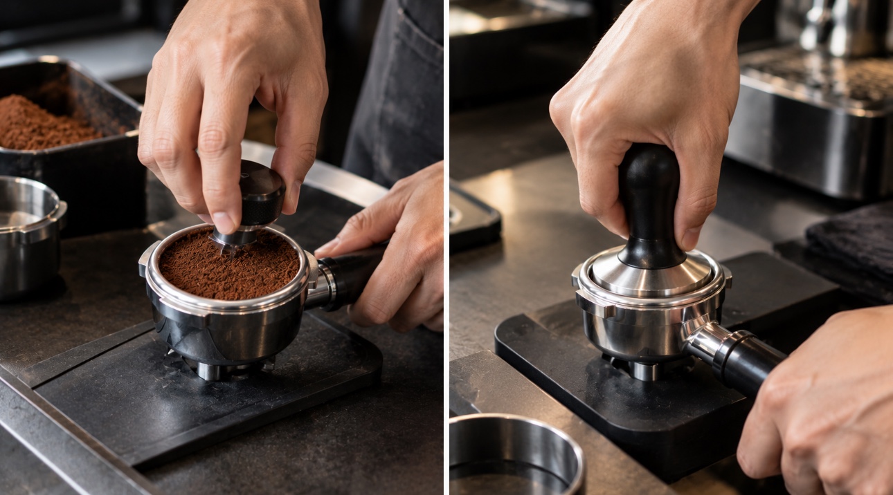 Barista distributing and tamping ground coffee in an espresso portafilter