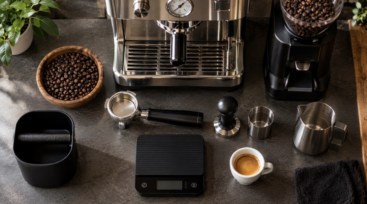 Home espresso equipment including an espresso machine, grinder, tamper, and scale
