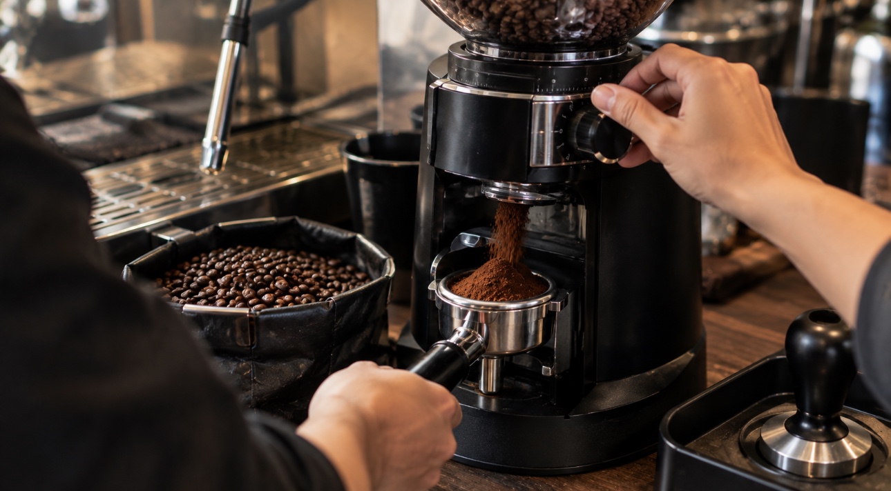 Espresso grinder with freshly roasted coffee beans for espresso preparation