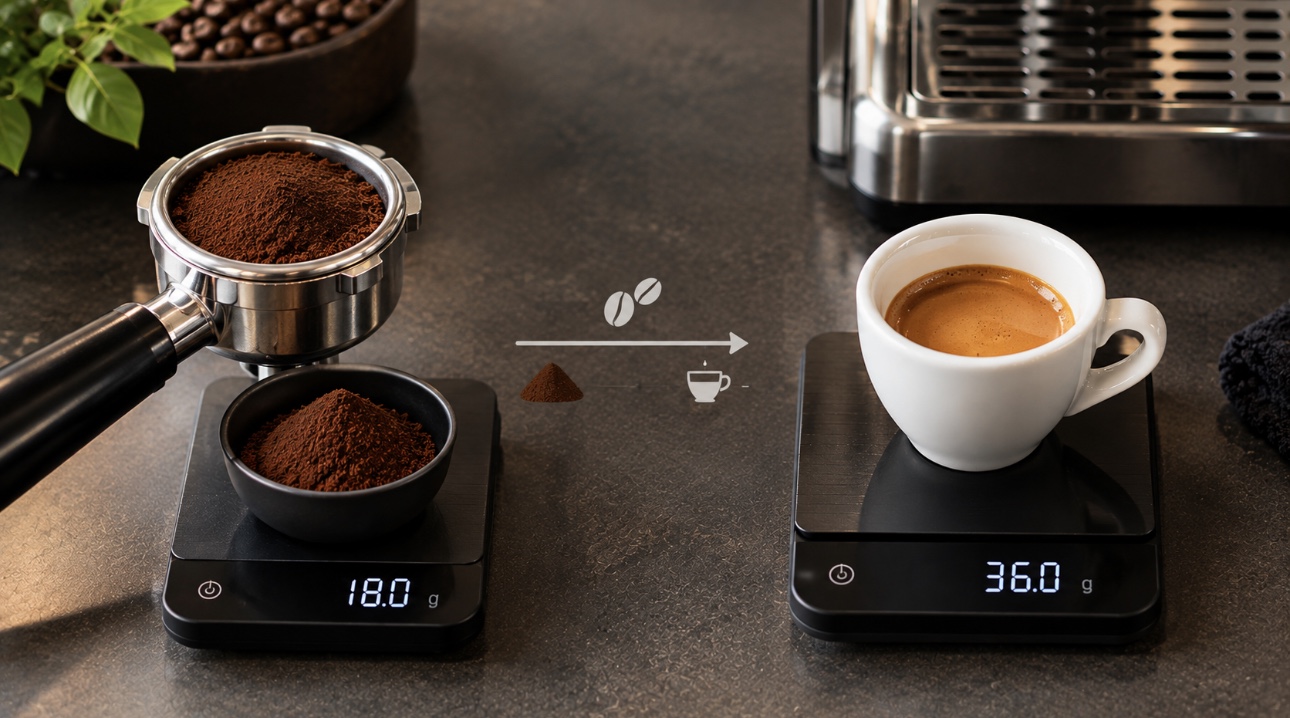 Espresso brewing ratio showing coffee grounds and extracted espresso measured by weight