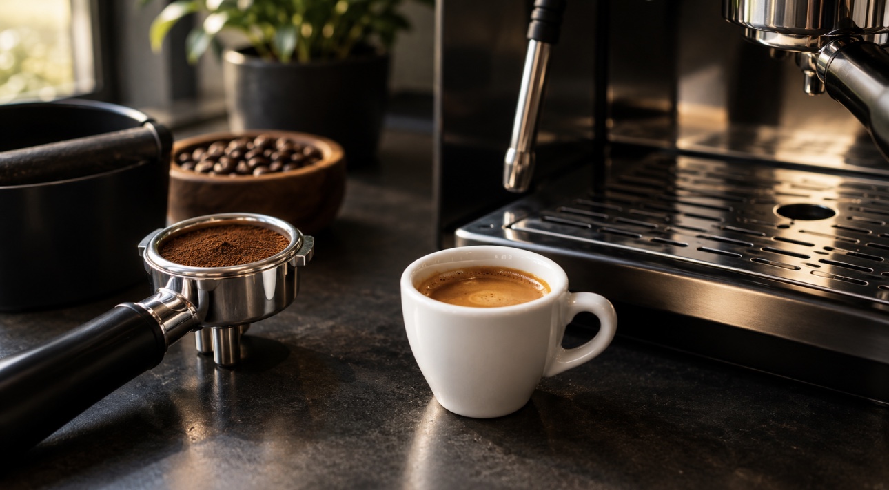 Freshly prepared espresso with rich crema