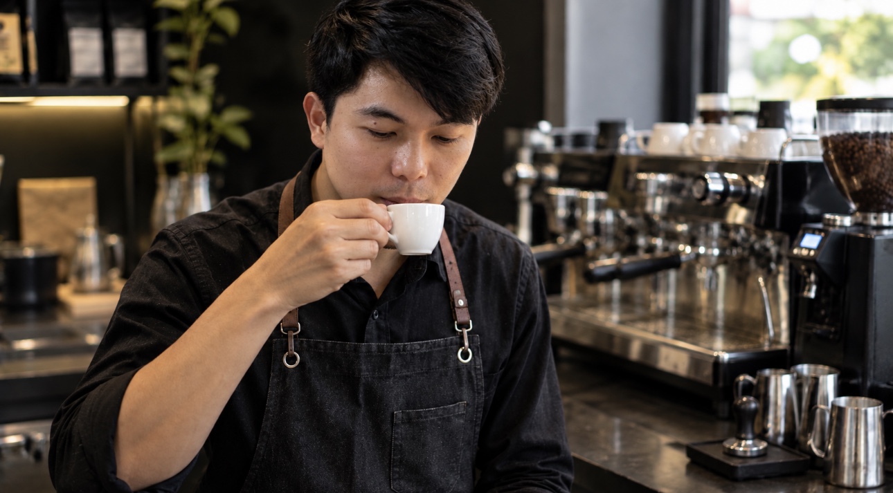 Barista tasting a freshly prepared espresso