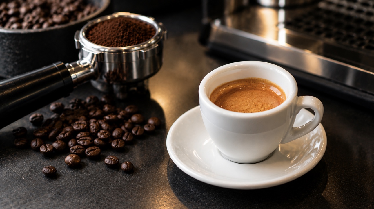 Perfectly prepared espresso with rich golden crema and coffee beans